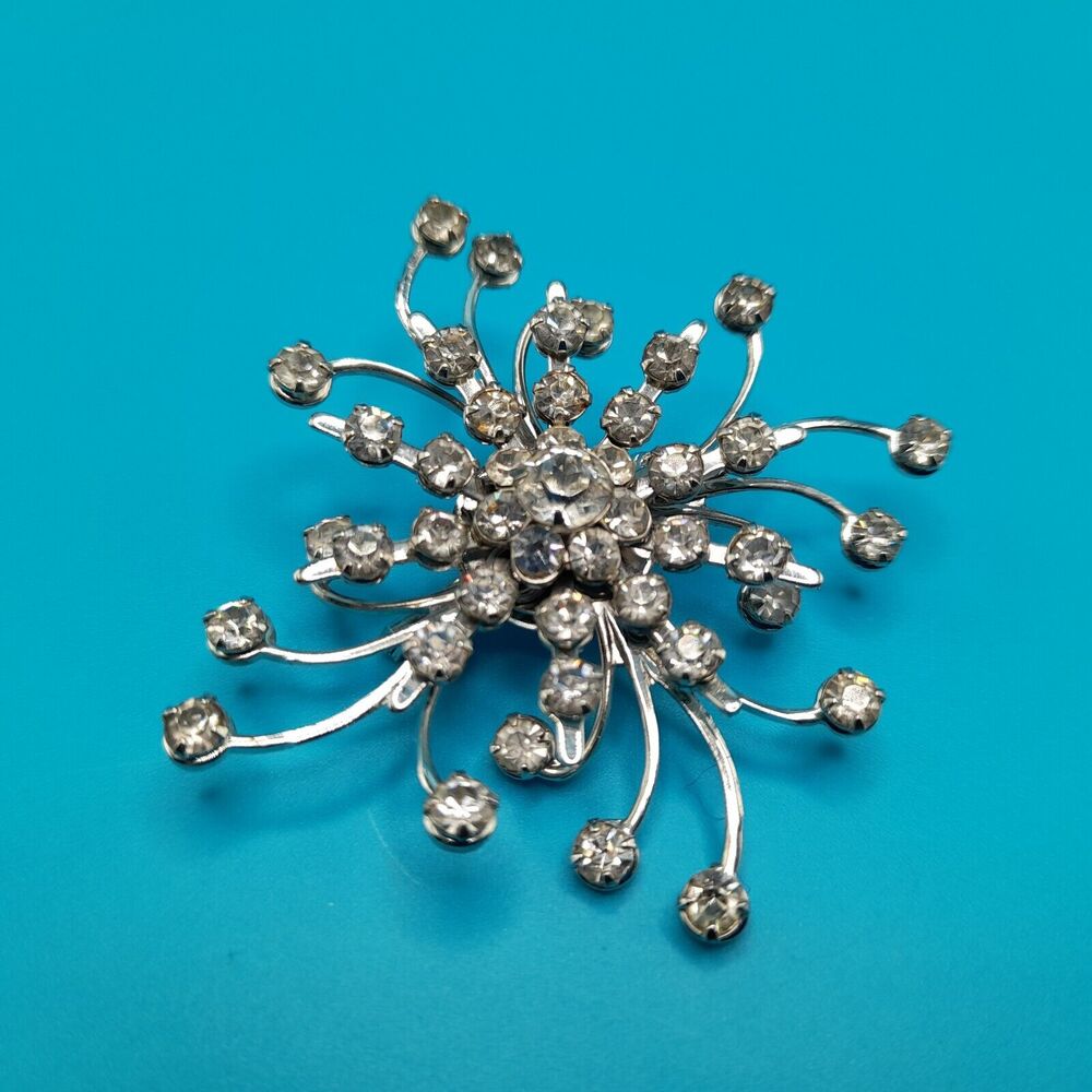 Vintage Rhinestone Starburst Brooch Silver Tone Bridal Pin 2.5”
